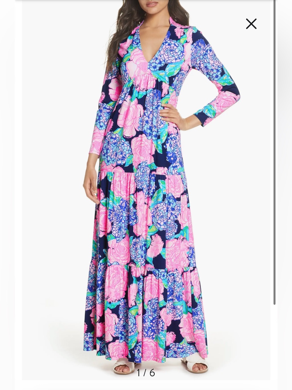 Lilly Pulitzer Martinique Tiered Maxi Dress Long Sleeve Hey Hey Bouquet- Small
